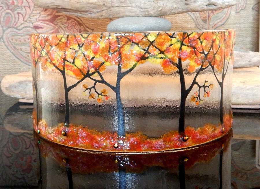 Fused Glass Free-standing 'Autumn Trees' Picture.