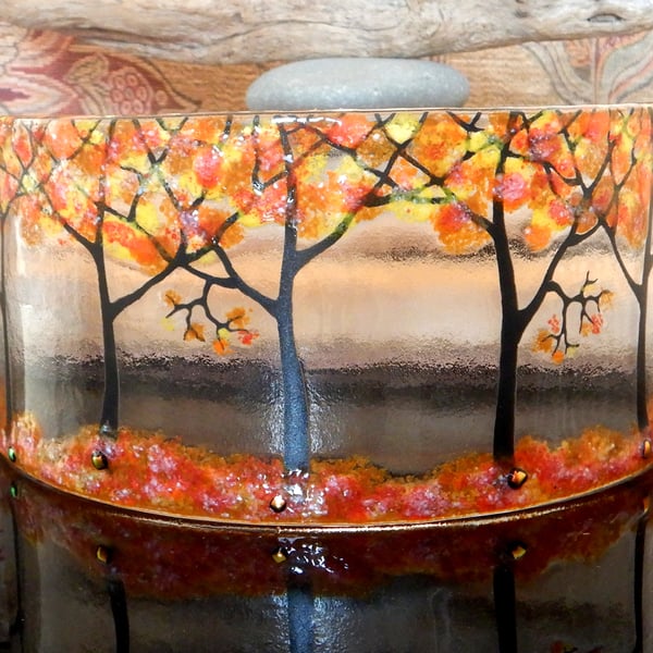 Fused Glass Free-standing 'Autumn Trees' Picture.