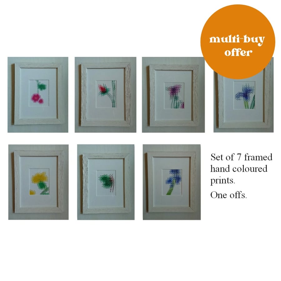 Small framed flower art prints, hand embellished with colour pencil