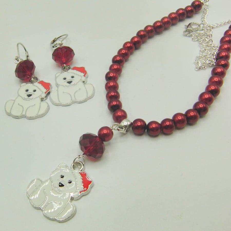 Red Pearl & Chain Necklace with Polar Bear & Crystal Charm and Earrings