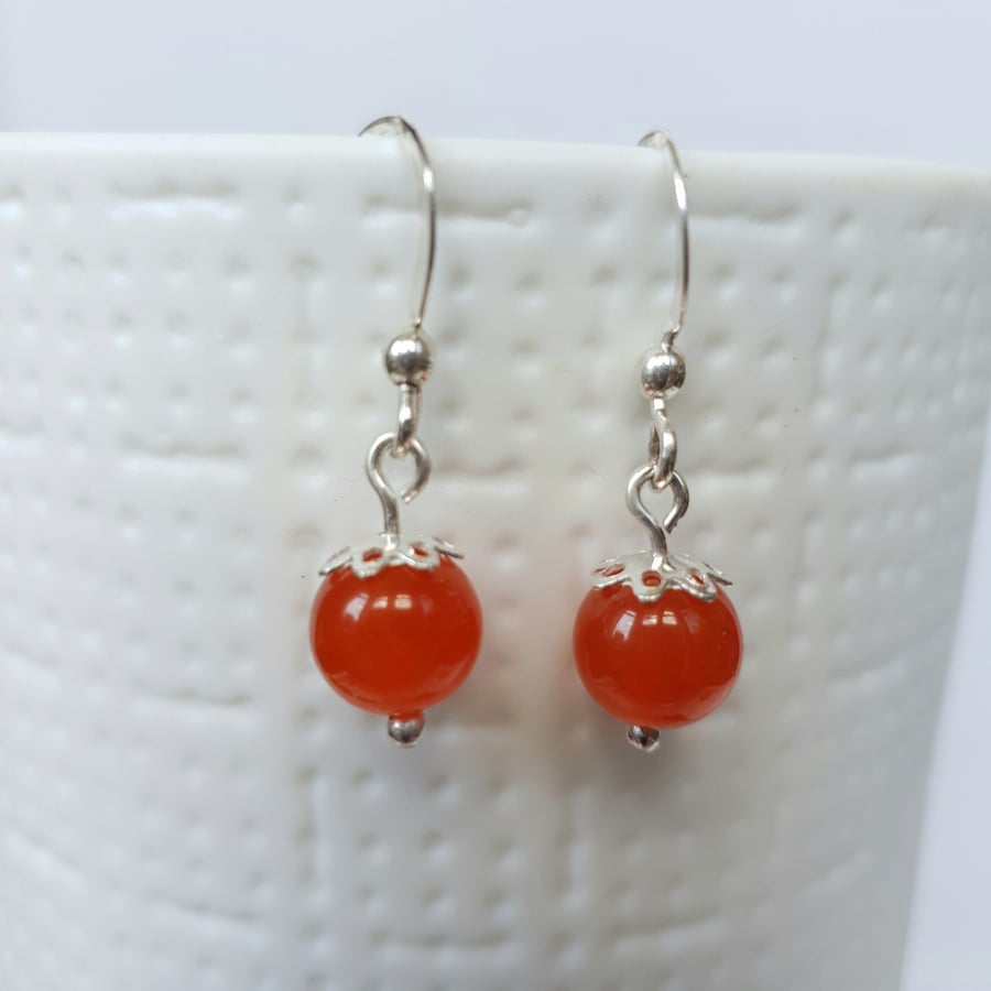 Simple Orange Gemstone Drop Earrings Carnelian or Quartzite Sterling Silver