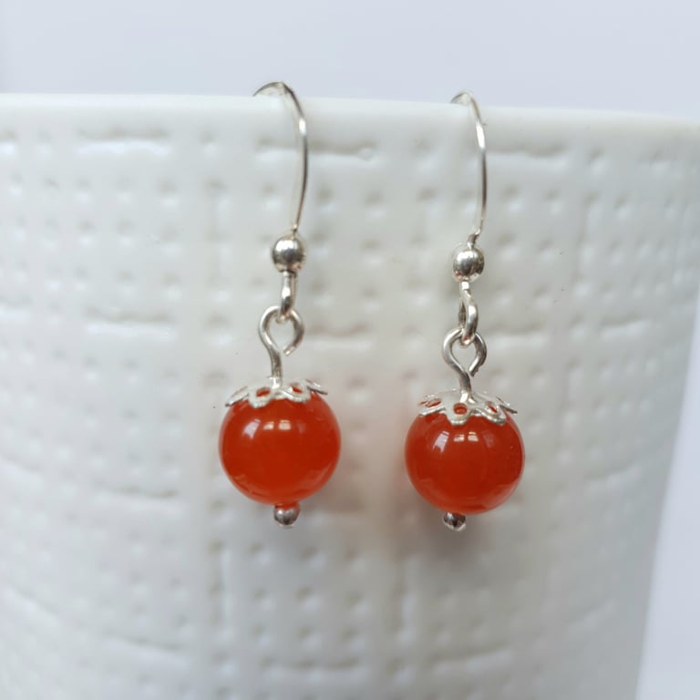 Simple Orange Gemstone Drop Earrings Carnelian or Quartzite Sterling Silver