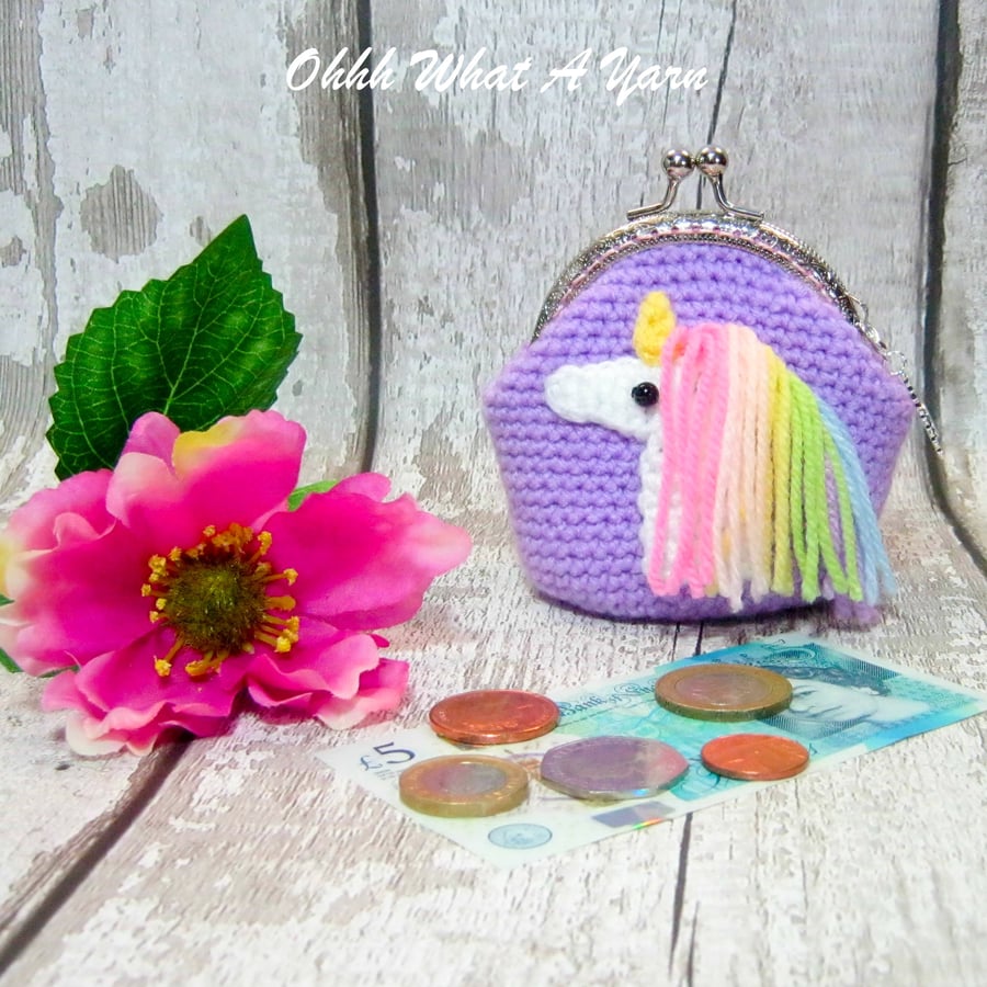 Crochet lilac rainbow unicorn purse, crochet purse, coin purse, unicorn purse