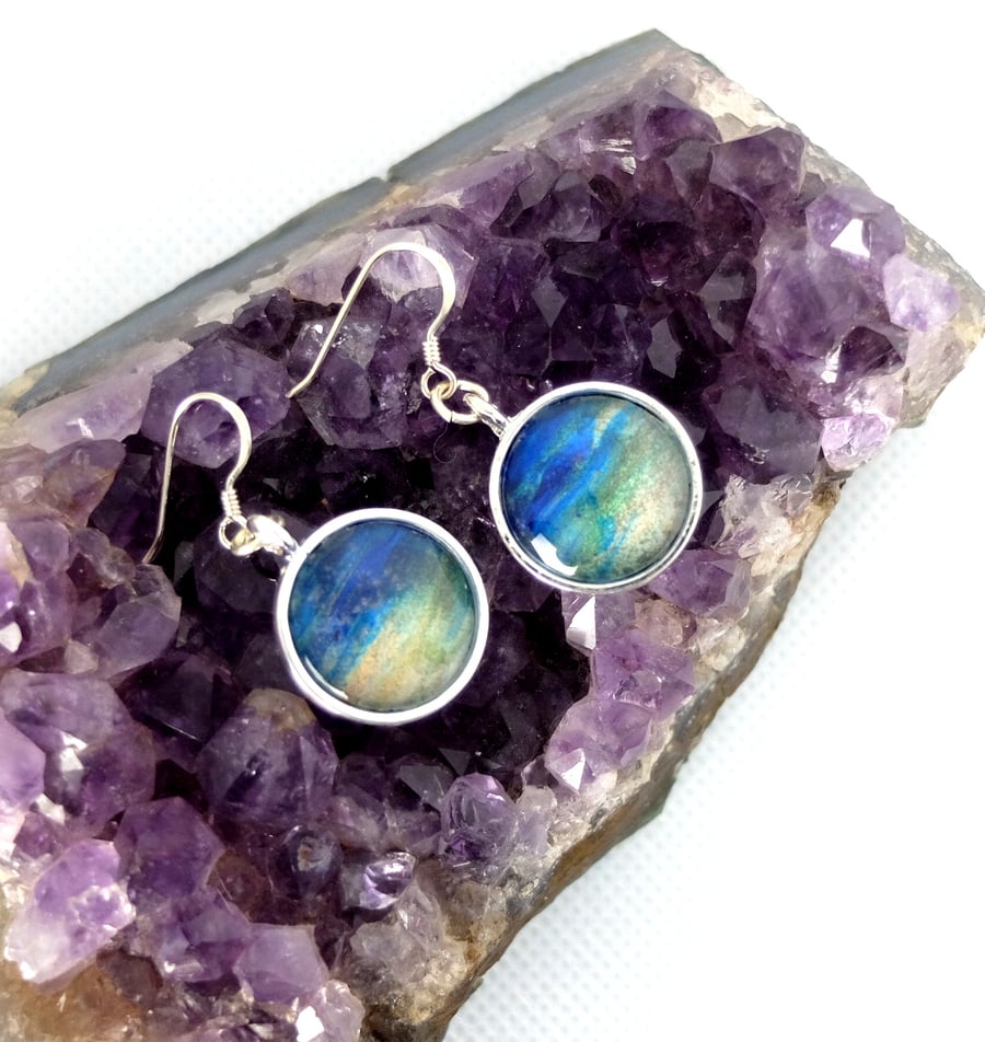 Beach landscape style acrylic pour glass cabochon earrings