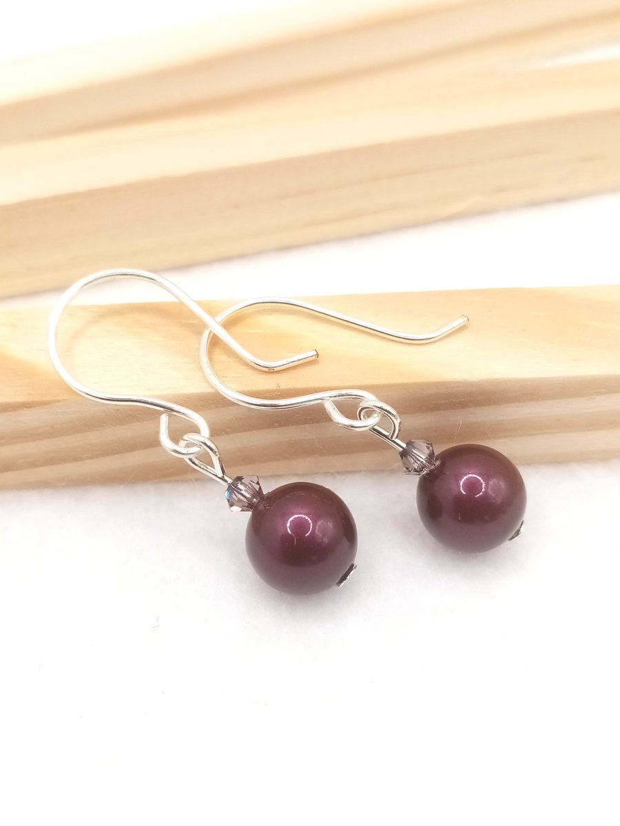 Deep Purple Swarovski Pearl Drop Earrings - Blackberry Pearl Dangle Earrings