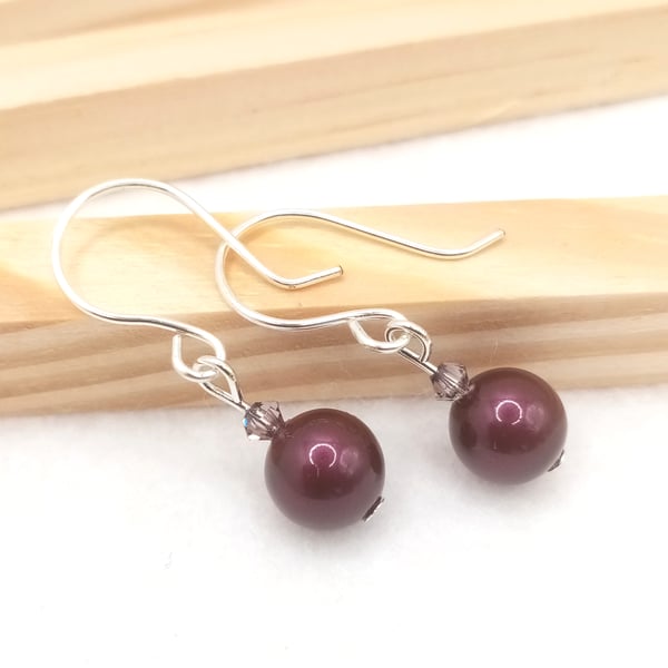 Deep Purple Swarovski Pearl Drop Earrings - Blackberry Pearl Dangle Earrings