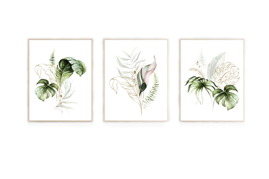 Watercolour palm leaf wall prints, Monstera lea wall decor, leaf wall art prints