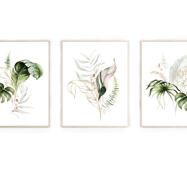 Watercolour palm leaf wall prints, Monstera lea wall decor, leaf wall art prints