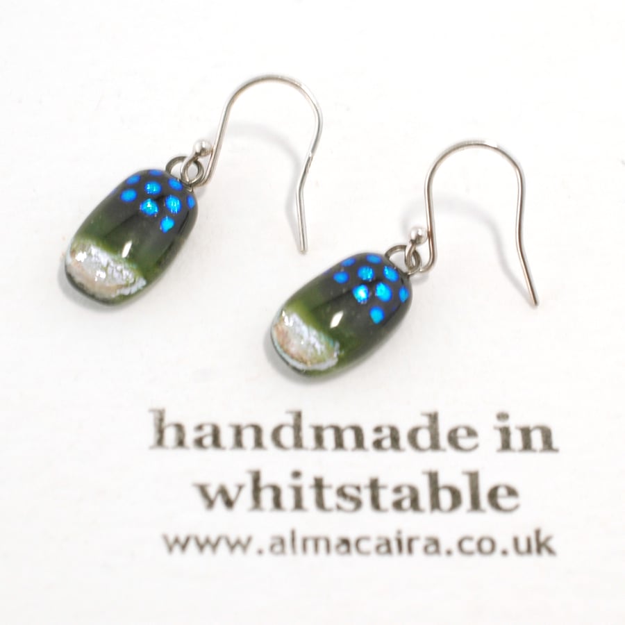 Green, Black and Silver Dichroic Glass Drop Earrings