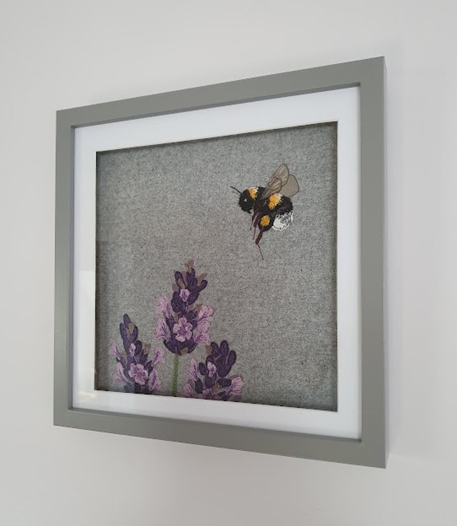 Bee & Lavender - framed original embroidered artwork, fabric applique