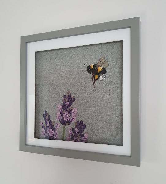 Bee & Lavender - framed original embroidered artwork, fabric applique