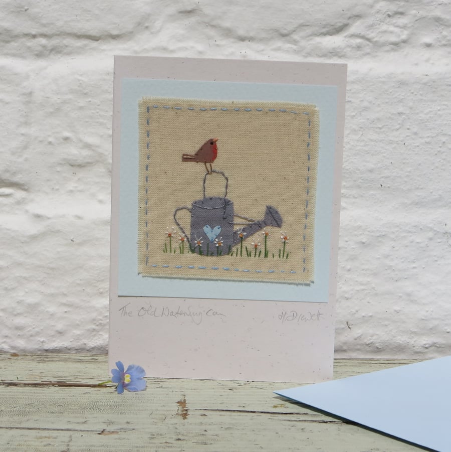 The Old Watering Can hand-stitched card - perfect for a gardener!