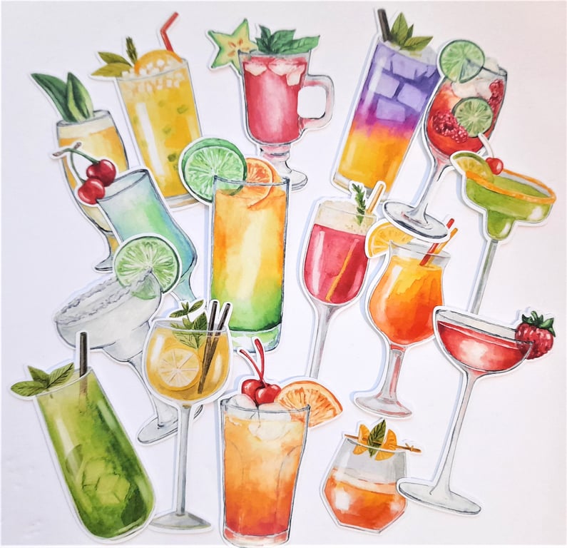 Colourful cocktail drinks die cuts, ephemera card topper embellishments