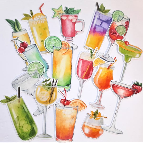 Colourful cocktail drinks themed die cuts, ephemera card topper embellishments