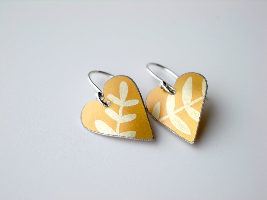 Yellow heart earrings with leaf print