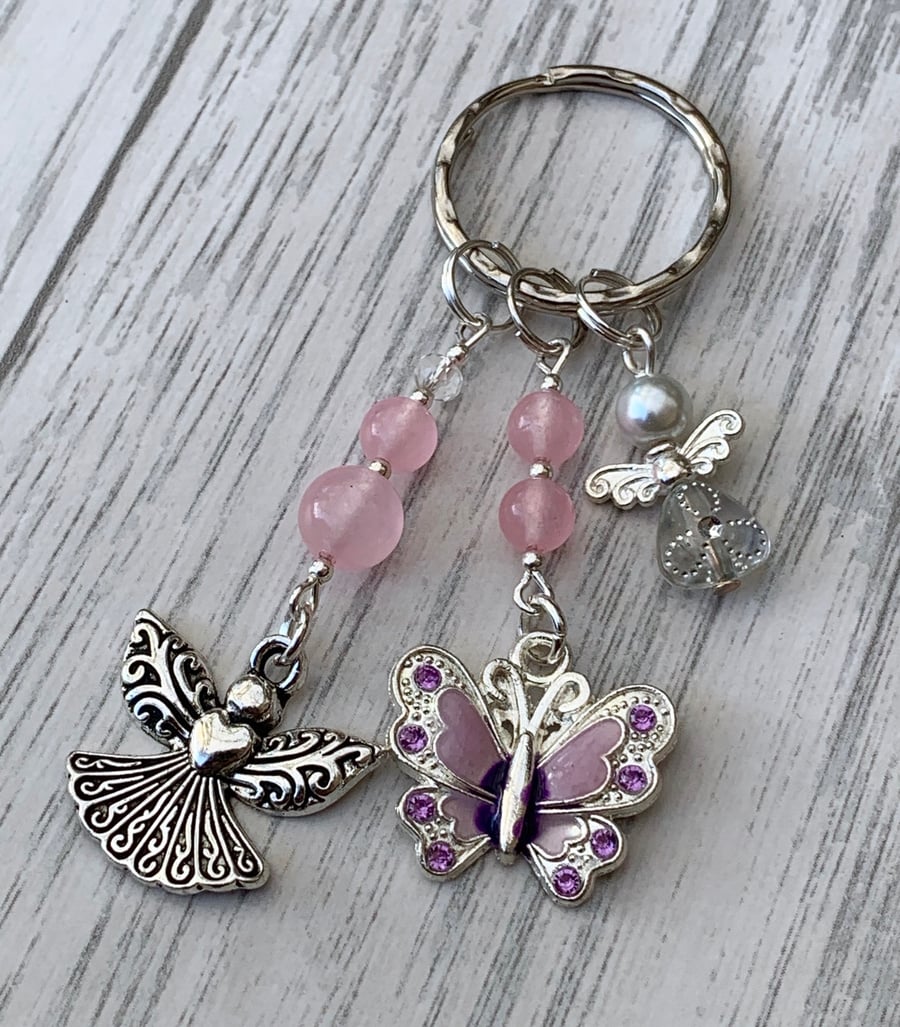Gemstone Rose Quartz Butterfly Guardian Angel Keyring 