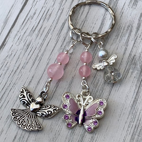Gemstone Rose Quartz Butterfly Guardian Angel Keyring 
