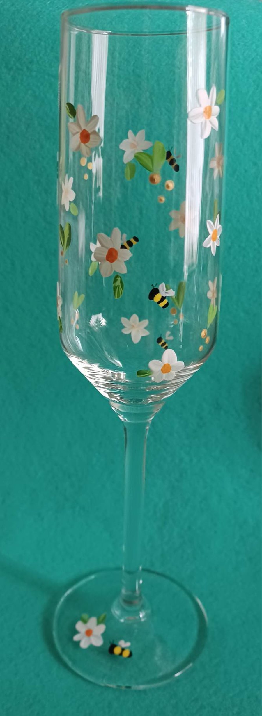 Hand Painted Daisy and Bee Champagne Glass