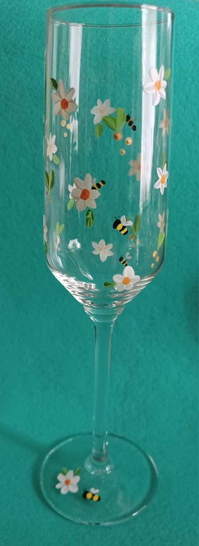 Hand Painted Daisy and Bee Champagne Glass
