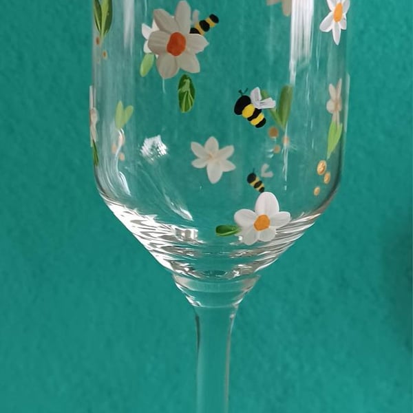 Hand Painted Daisy and Bee Champagne Glass