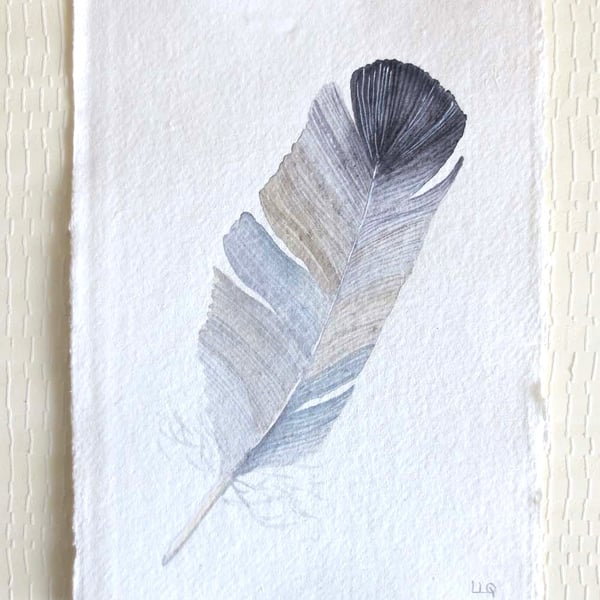 Seconds Sunday original feather watercolour painting of a grey feather 