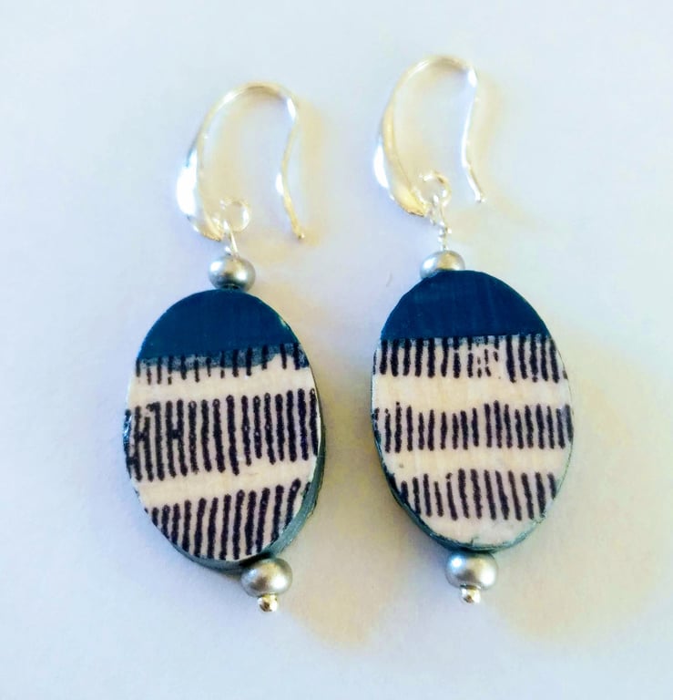 Oval decoupaged wood earrings