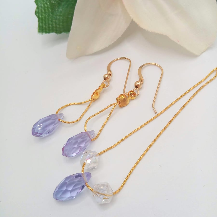 Clear and Lilac Crystals on Gold Plated Crimping Chain with Matching Earrings