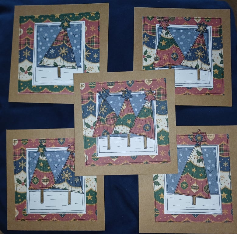 Quirky art whimsical handmade unique  paper christmas trees cards 