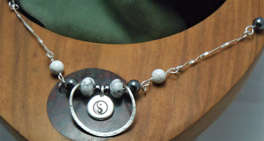 Handmade Hematite & Howlite Yin Yang pendant necklace