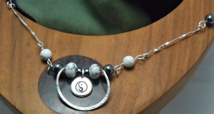 Hematite & Howlite beads & handcrafted Yin Yang pendant necklace