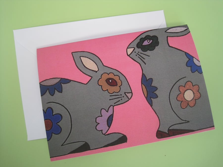 Pink Floral Bunny Rabbit Greetings Card