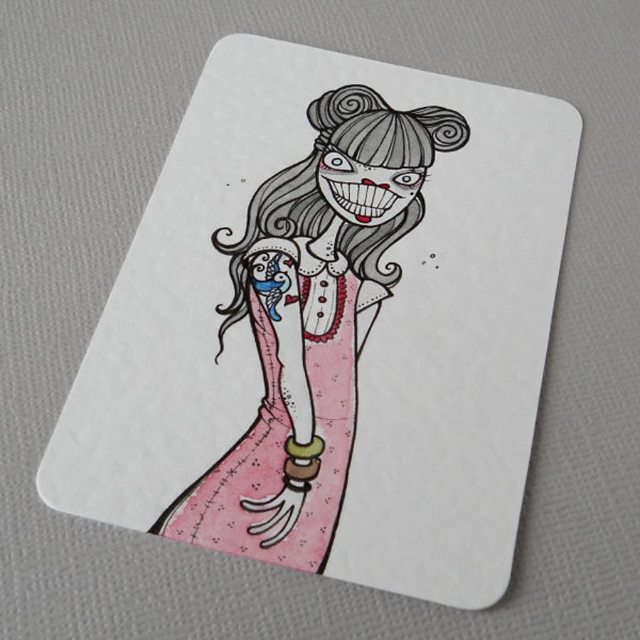 vintage zombie lady in pink - aceo