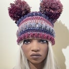 Pom Pom Hat in Heather Pinks and Greys. Stocking Filler Christmas Gift