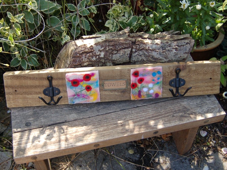 towel rail with vintage style hooks and textile. Folksy