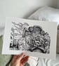 Whitby Gravestones Print - Skull and Crossbones Graveyard Art - Black & White