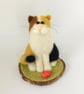 Cute Needle Felted Cat, Ornament on Wooden Base, Desk Buddy - Image 1