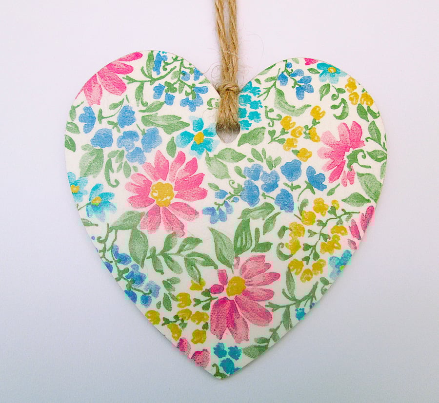 Floral cottage chic wood decoupage heart hanging decoration