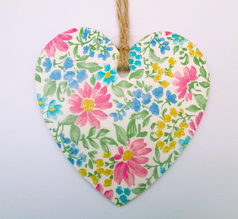 Floral cottage chic wood decoupage heart hanging decoration