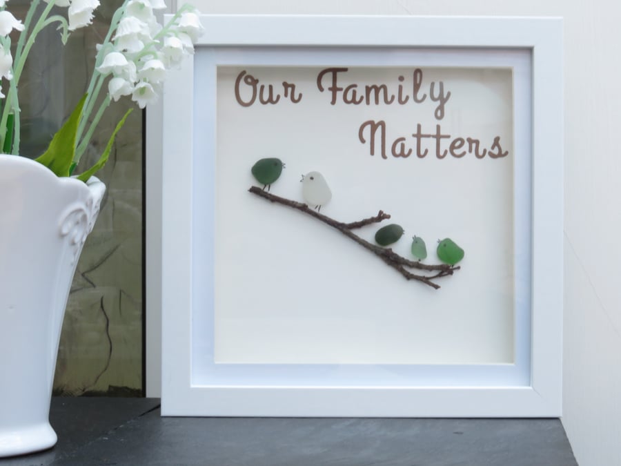 Sea Glass Family of Five Birds Box Frame Picture with Our Family Natters Wording