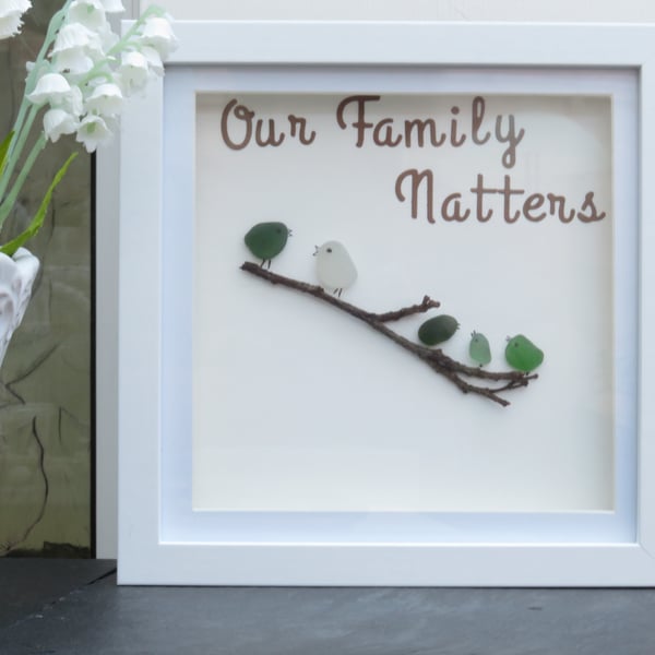 Sea Glass Family of Five Birds Box Frame Picture with Our Family Natters Wording