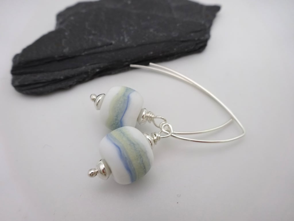 white and blue wrapped lampwork glass earrings
