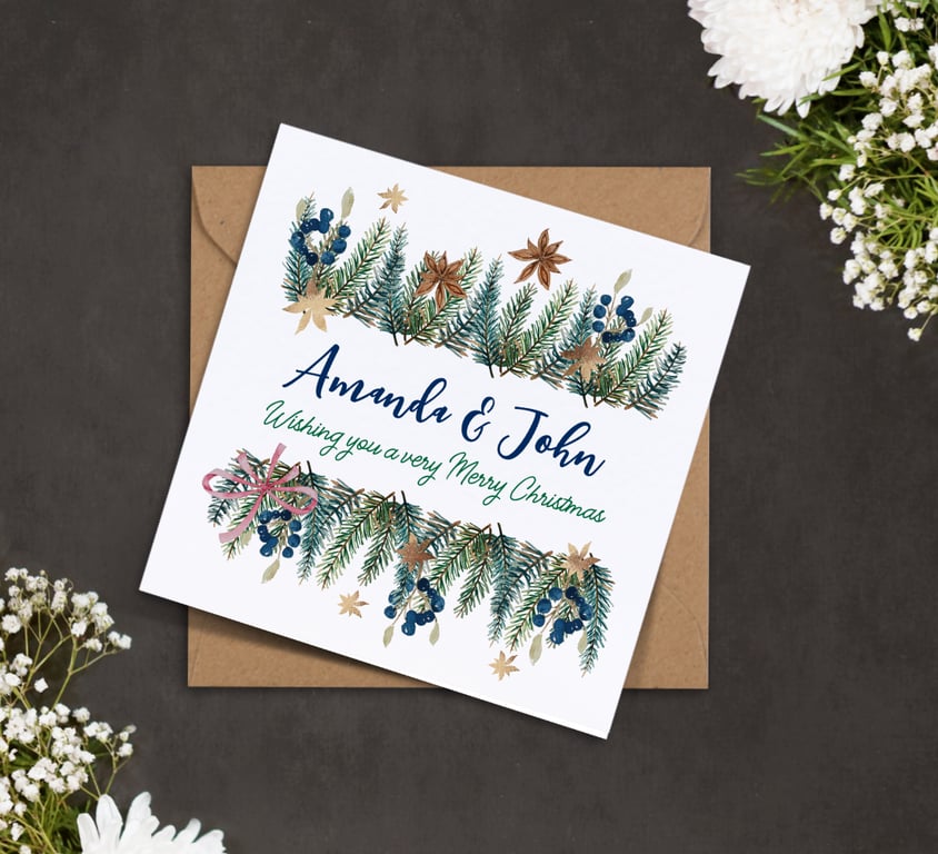 PERSONALISED merry CHRISTMAS pine branches frame couples rustic Xmas card