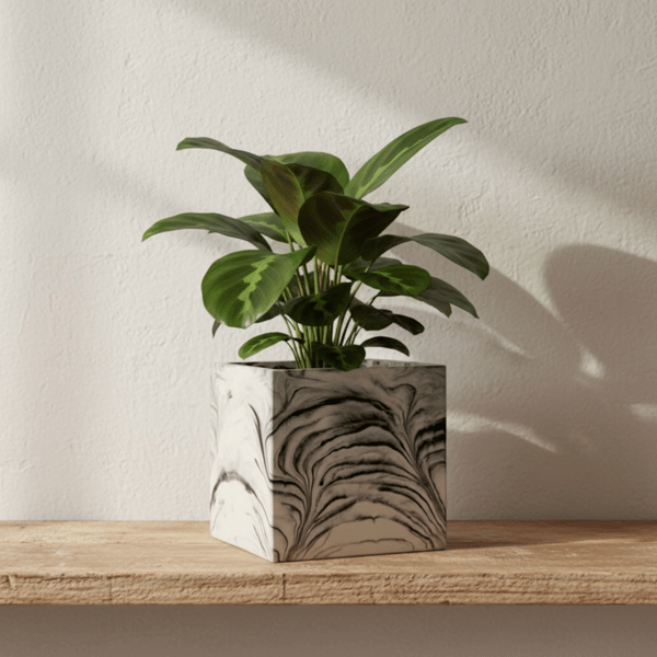 Square Plant Pot - White Marble Effect Cubed Planter 
