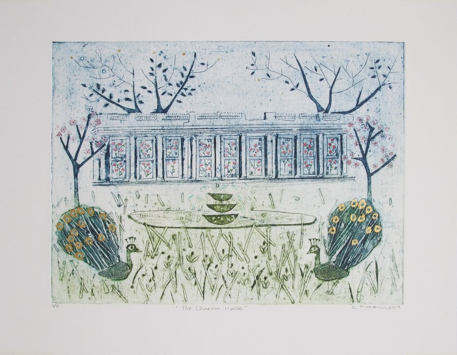 Camellia Glass House - Original Collagraph Print