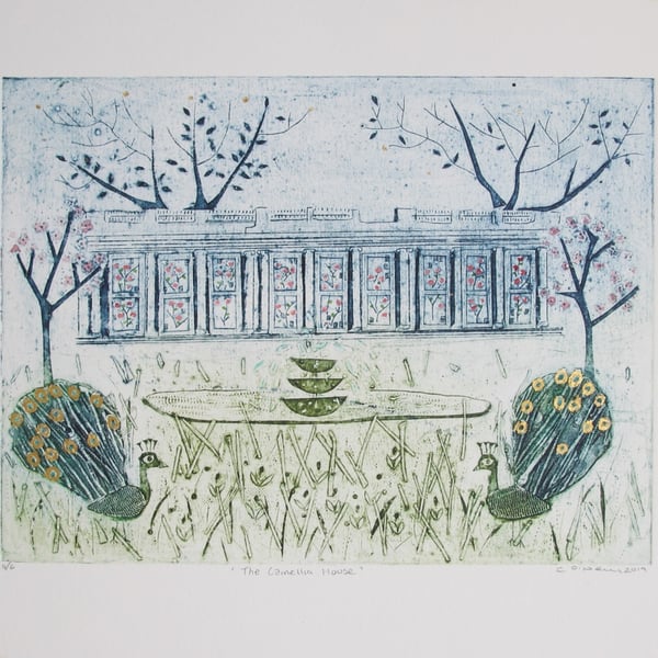 Camellia Glass House - Original Collagraph Print
