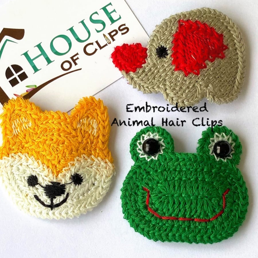 Embroidered Animal Hair Clips - Embroidered Animal Barrettes - Handmade Girls Ha