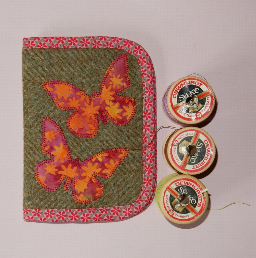 Needle case tweed with batik butterflies