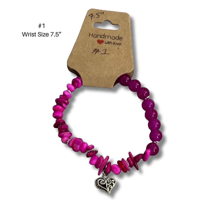 Bracelet 1 – Handmade Pink Chip Bead Bracelet 7.5” Heart Charm 