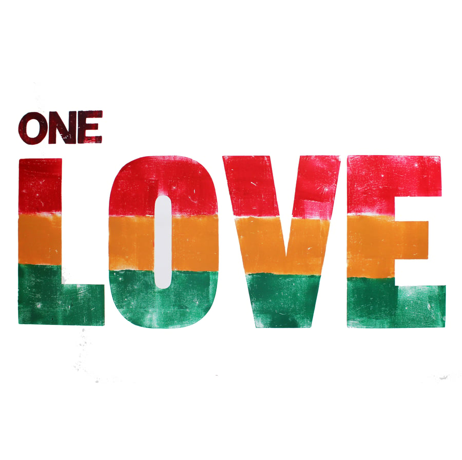 ONE LOVE large Letterpress artist print Bob Marley Jamaica Rasta Reggae Theme