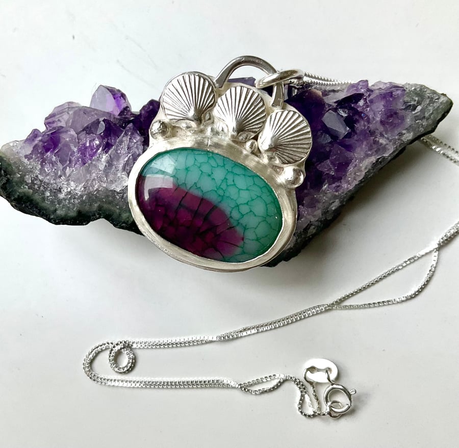 Sterling Silver And Dragons Vein Agate Pendant Necklace